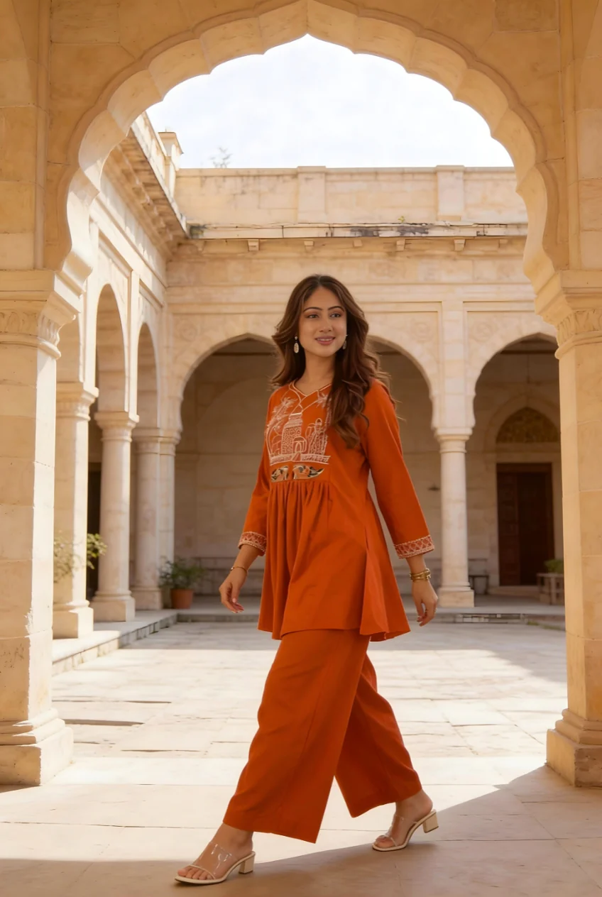 Rust Orange Embroidered Cotton Co-Ord Set - Image 4