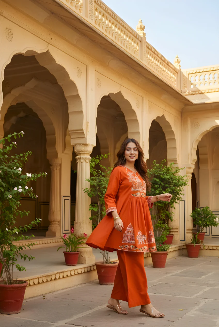 Rust Orange Embroidered Cotton Co-Ord Set - Image 6
