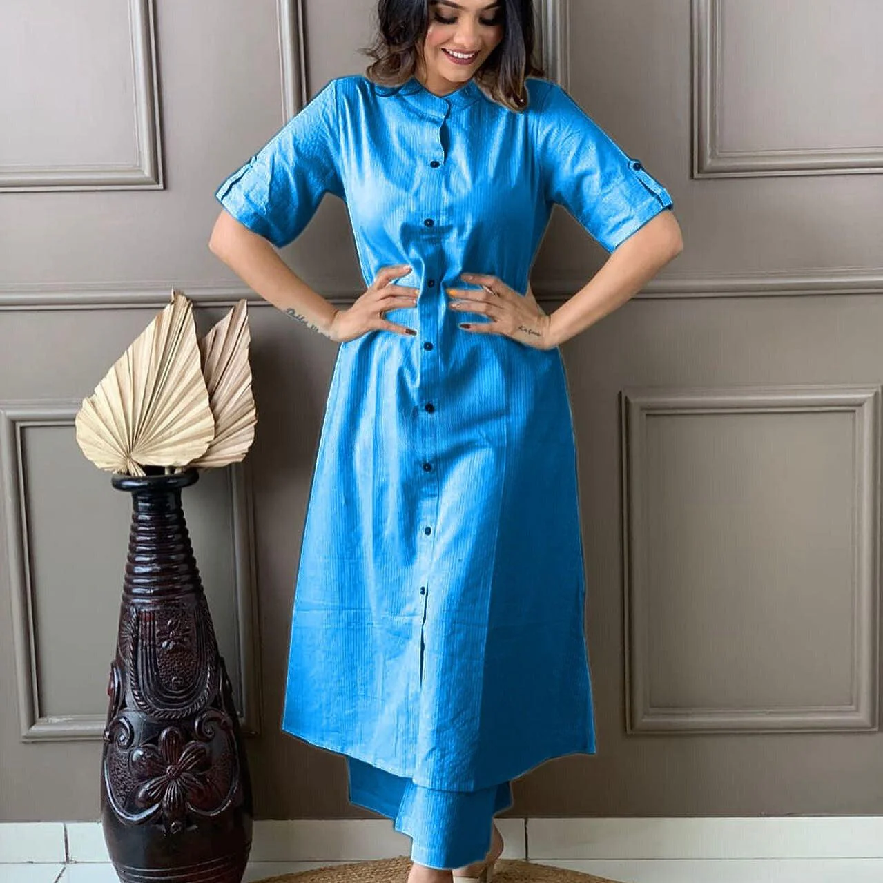 Sky Blue Katha Cotton Kurta and Palazzo Set - Image 3