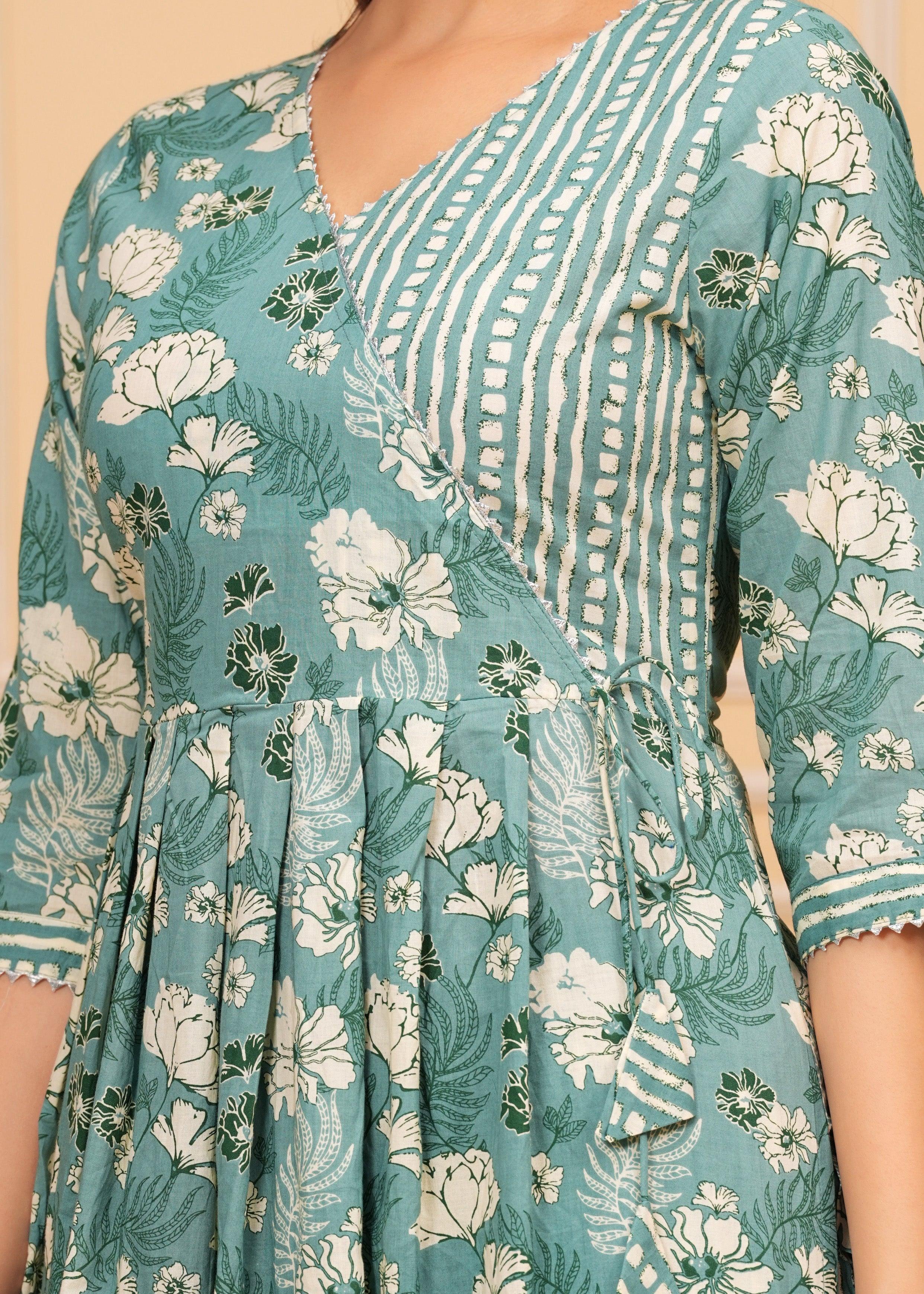 Summer Green Floral Printed Cotton Kurta and Pant Set - Image 10