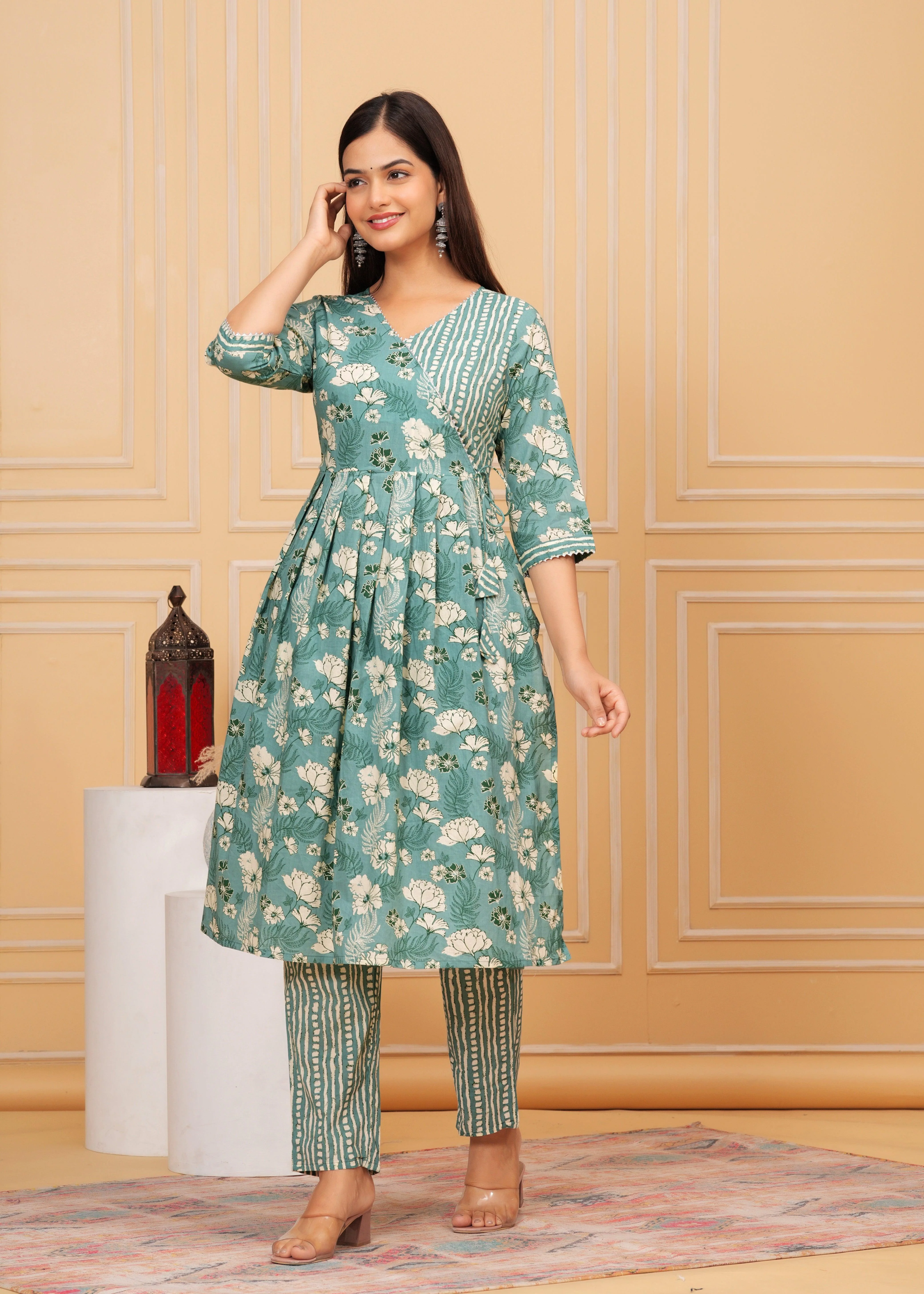Summer Green Floral Printed Cotton Kurta and Pant Set - Image 6