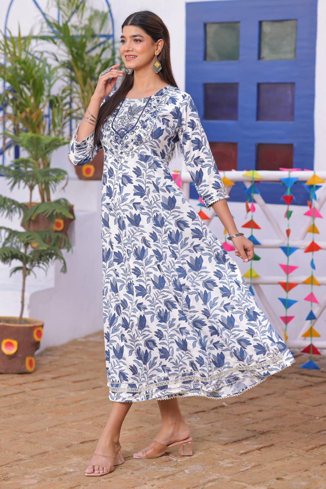 White Blue Embroidered Rayon Anarkali Gown - Image 4
